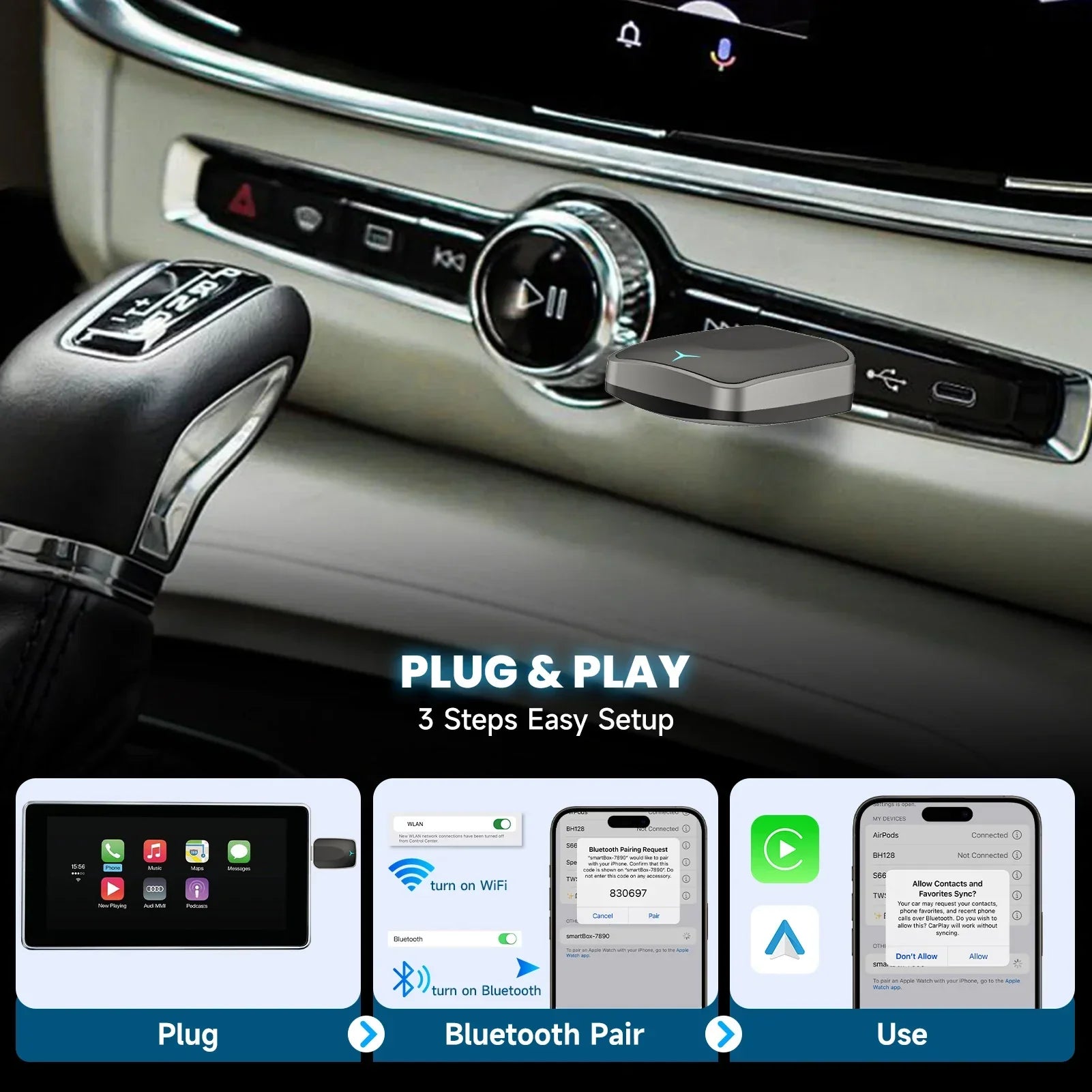 Wired to Wireless CarPlay Android Auto Adapter Black-3